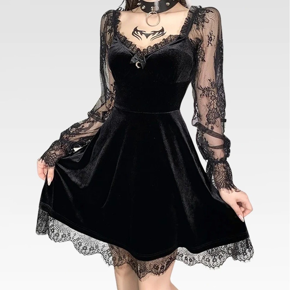 Gothic Victorian Dark Side of the Moon Black Velvet & Lace Dress Womens S Mini
